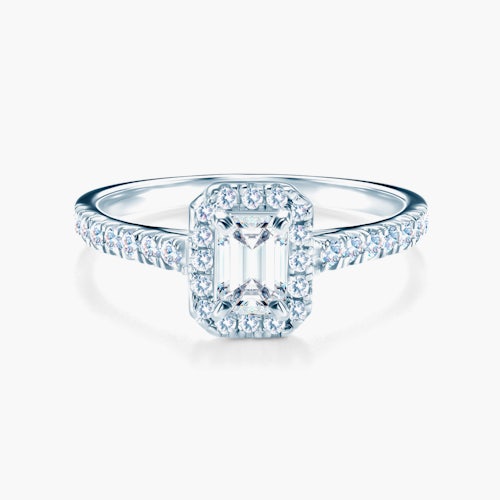 Pierścionek zaręczynowy SAVICKI: białe złoto, biały szafir z diamentami